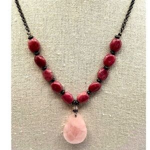 Peach Blossom Jade Beaded Necklace & Rose Quartz Pendant